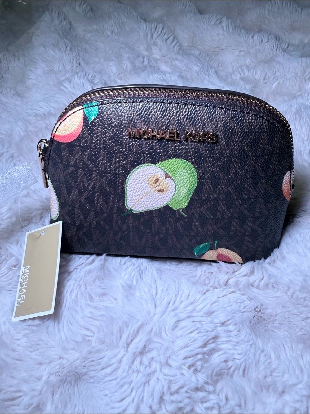 NWT Michael Kors Jet Set Travel Fruit Print Medium Travel Pouch Brown